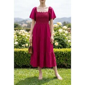 In February Dress Womens Size L Berry Lace Bodice Puff Sleeve Tiered Midi